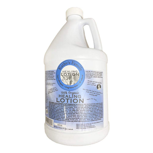 Kathy's Family Healing Lotion 128oz bottle for daily moisturizing and dry skin relief.