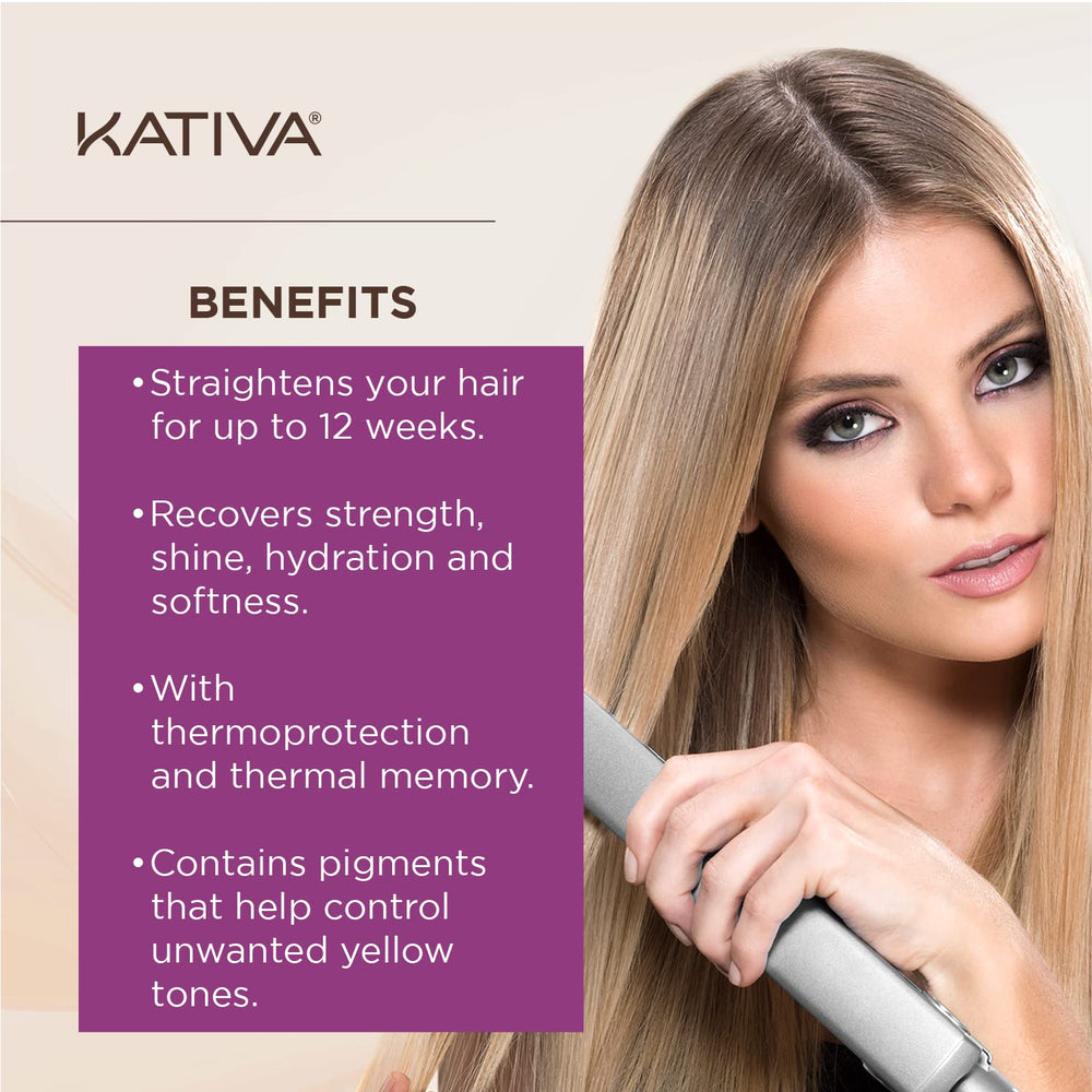 Kativa Blonde Straightening Kit contents show shampoo, mask, and tools.