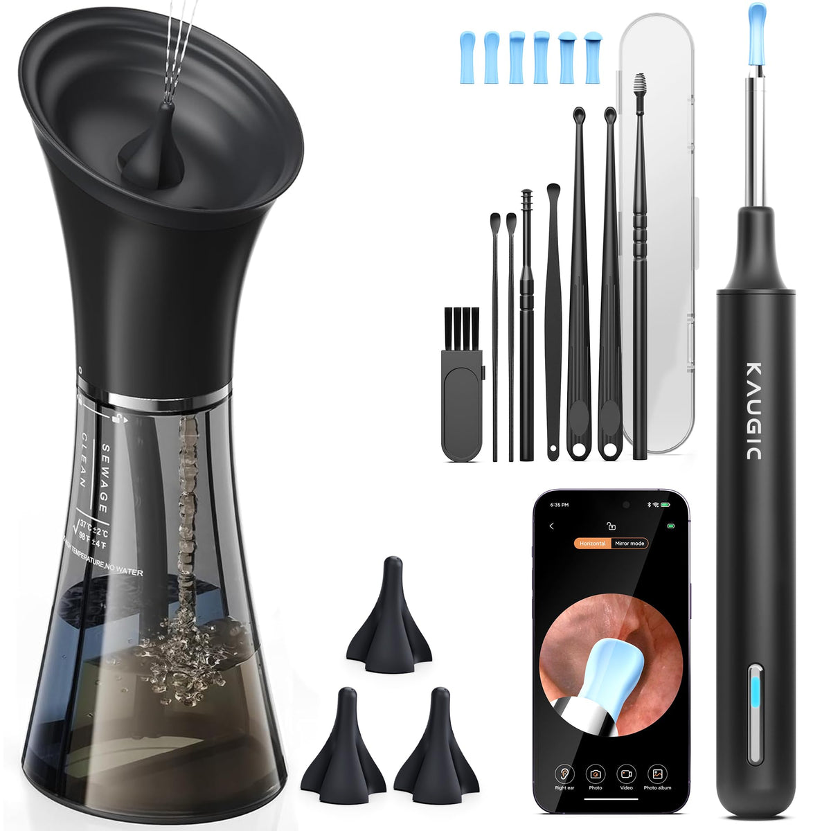 KAUGIC ear wax removal kit shows live camera view guiding precise cleaning
