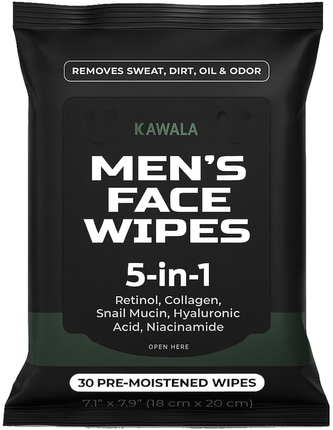 Kawala Men’s Face Wipes pack front for quick cleansing on the go.