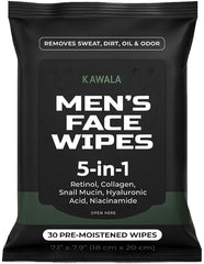 Kawala Men’s Face Wipes pack front for quick cleansing on the go.