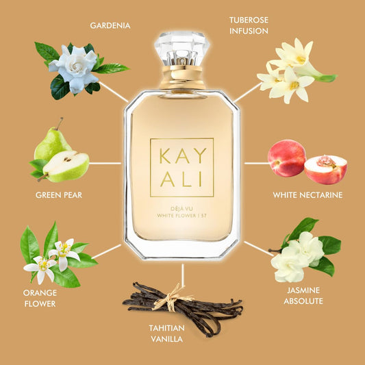 Kayali Deja Vu White Flower 57 bottle side view with premium packaging