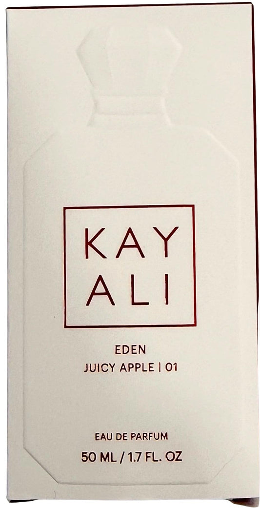 Kayali Eden Juicy Apple 01 bottle close-up highlights the minimalist, gift-ready design.