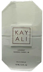 Kayali Lovefest Burning Cherry 48 bottle showing palo santo and guaiac wood base for warm depth.