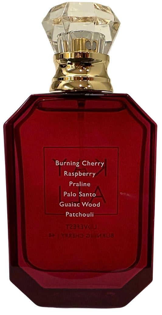 Kayali Lovefest Burning Cherry 48 close-up highlighting raspberry note for sweetness and depth.