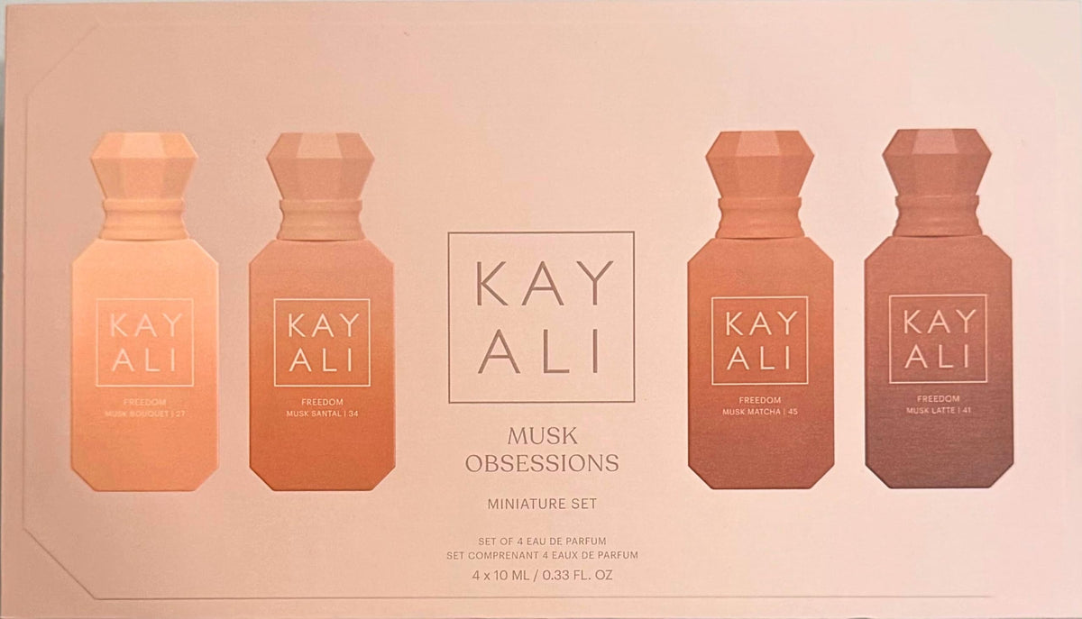 Kayali Musk Obsessions set travel sprays in a compact collection for easy on-the-go fragrance