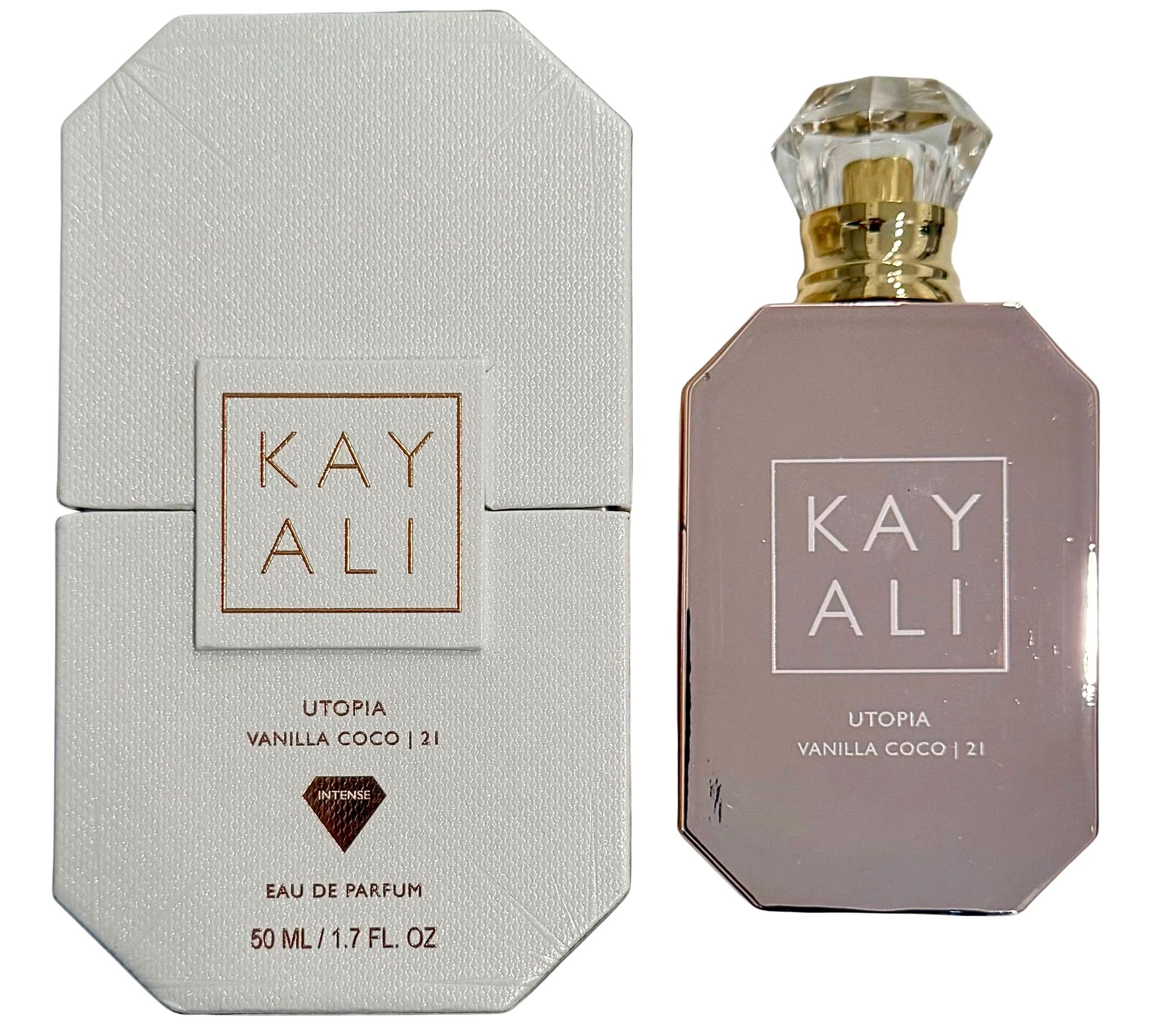 Kayali Utopia Vanilla Coco bottle with blush-gold detailing, ideal for uplifting daily wear.