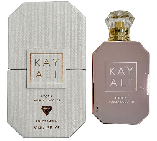 Kayali Utopia Vanilla Coco bottle with blush-gold detailing, ideal for uplifting daily wear.
