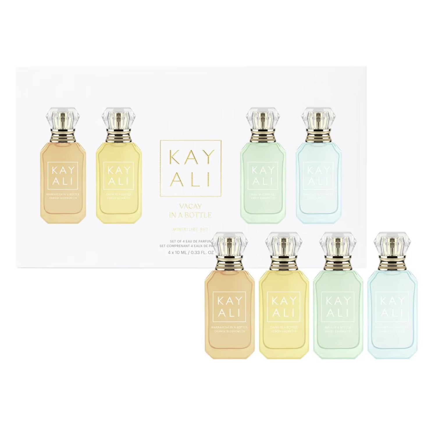 Kayali Vacation in a Bottle mini set packaging—compact luxury fragrances for travel and layering.