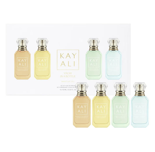 Kayali Vacation in a Bottle mini set packaging—compact luxury fragrances for travel and layering.