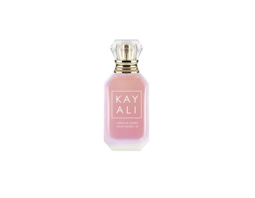 Kayali Vanilla Candy Rock Sugar bottle front, ideal travel companion for on-the-go fragrance