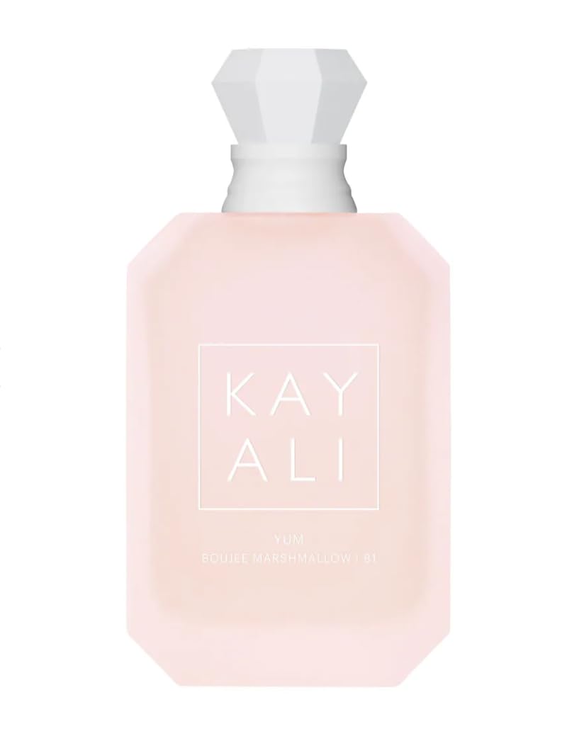 Kayali Yum Boujee Marshmallow bottle with jeweled cap and pink marshmallow notes