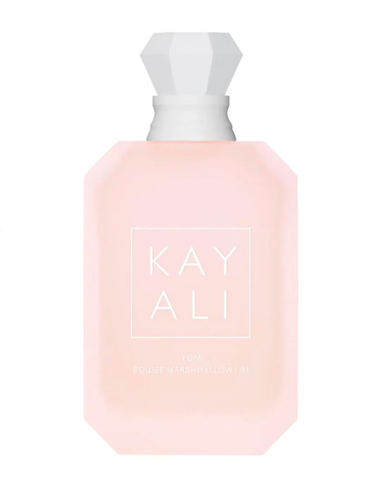 Kayali Yum Boujee Marshmallow bottle with jeweled cap and pink marshmallow notes