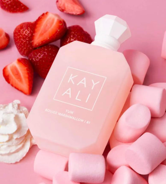 Close-up of the Kayali Yum Boujee Marshmallow cap highlighting luxurious bottle design