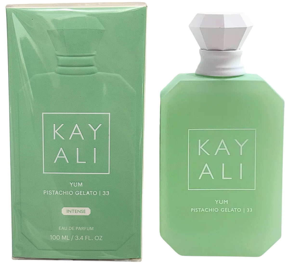KAYALI Yum Pistachio Gelato 33 Intense bottle front, creamy gourmand aroma for everyday luxury.