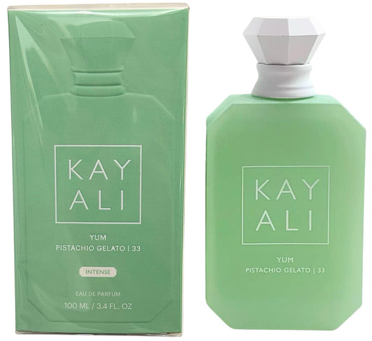 KAYALI Yum Pistachio Gelato 33 Intense bottle front, creamy gourmand aroma for everyday luxury.