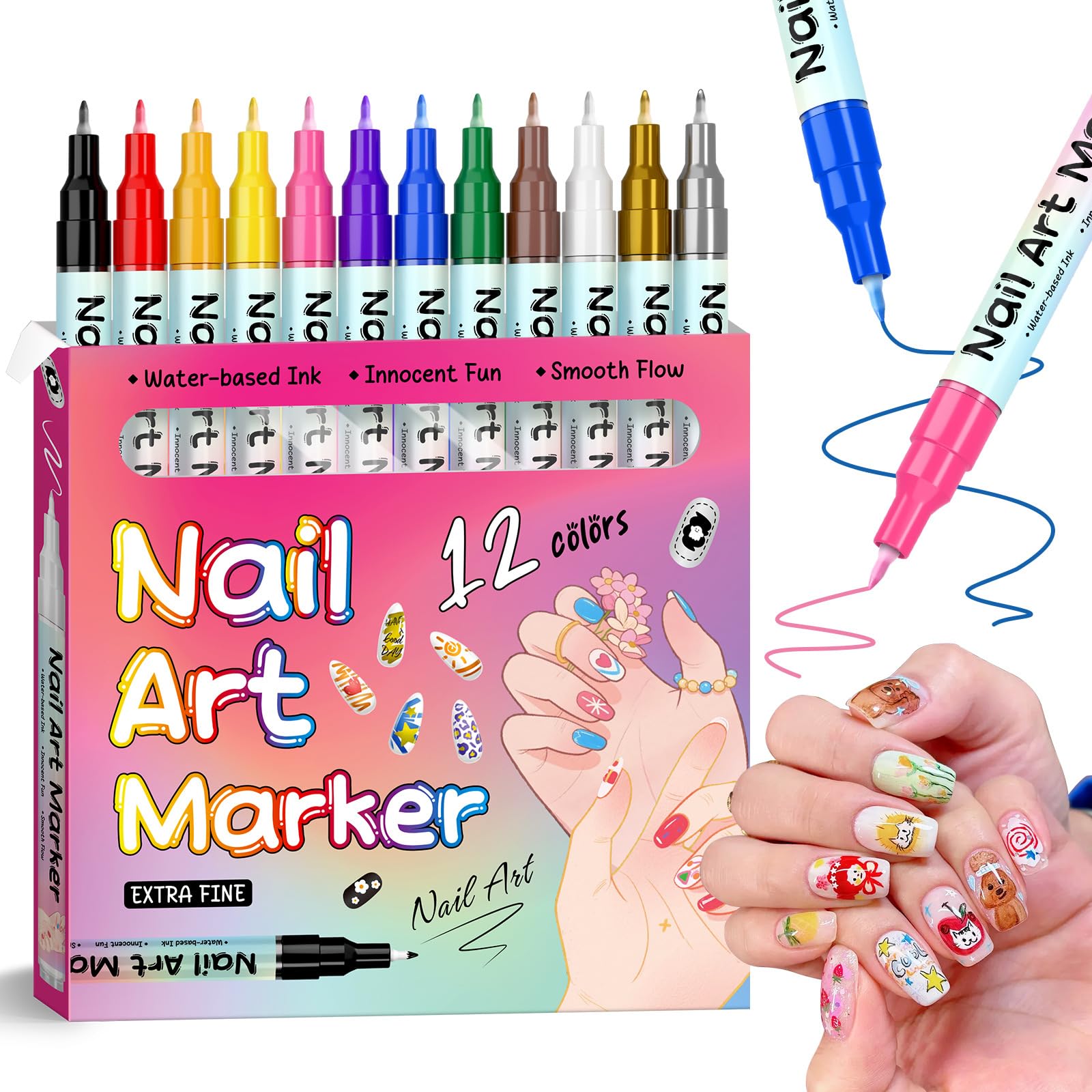 KAYLLE KT 12 color nail art pen set close-up for vibrant DIY manicures