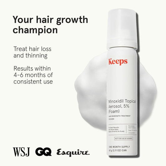 Keeps 5% minoxidil foam bottle close-up demonstrates easy scalp application.