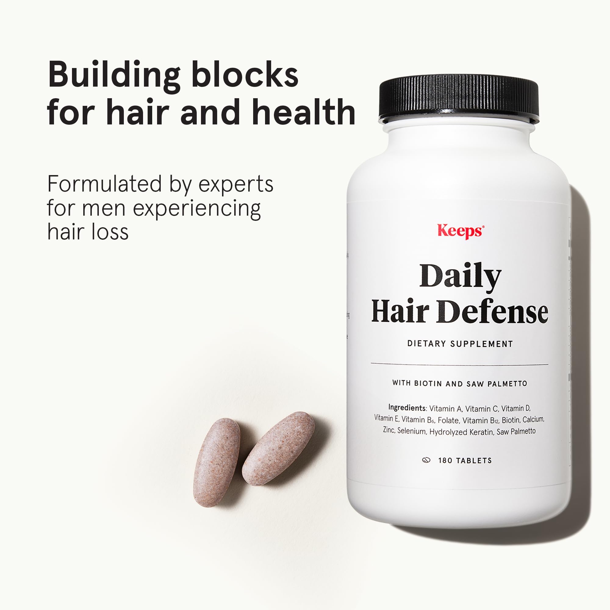 Keeps Daily Hair Supplement bottle back, listing vitamins and minerals for hair-friendly nutrition.