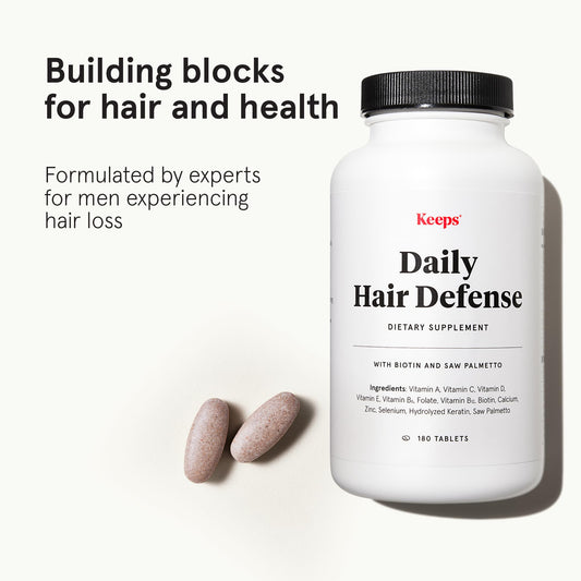 Keeps Daily Hair Supplement bottle back, listing vitamins and minerals for hair-friendly nutrition.