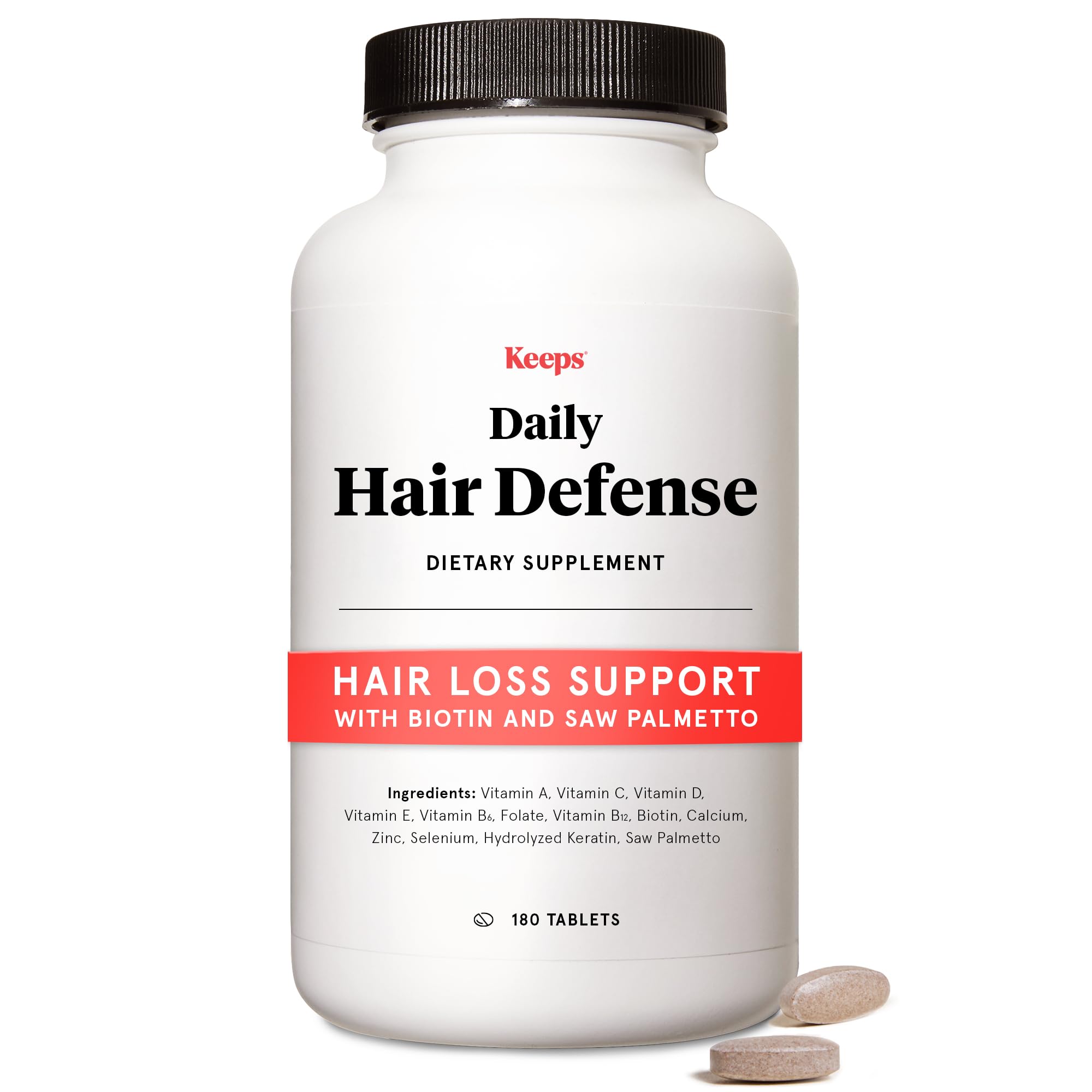 Keeps Daily Hair Supplement bottle front, highlighting 3-month supply for daily support.