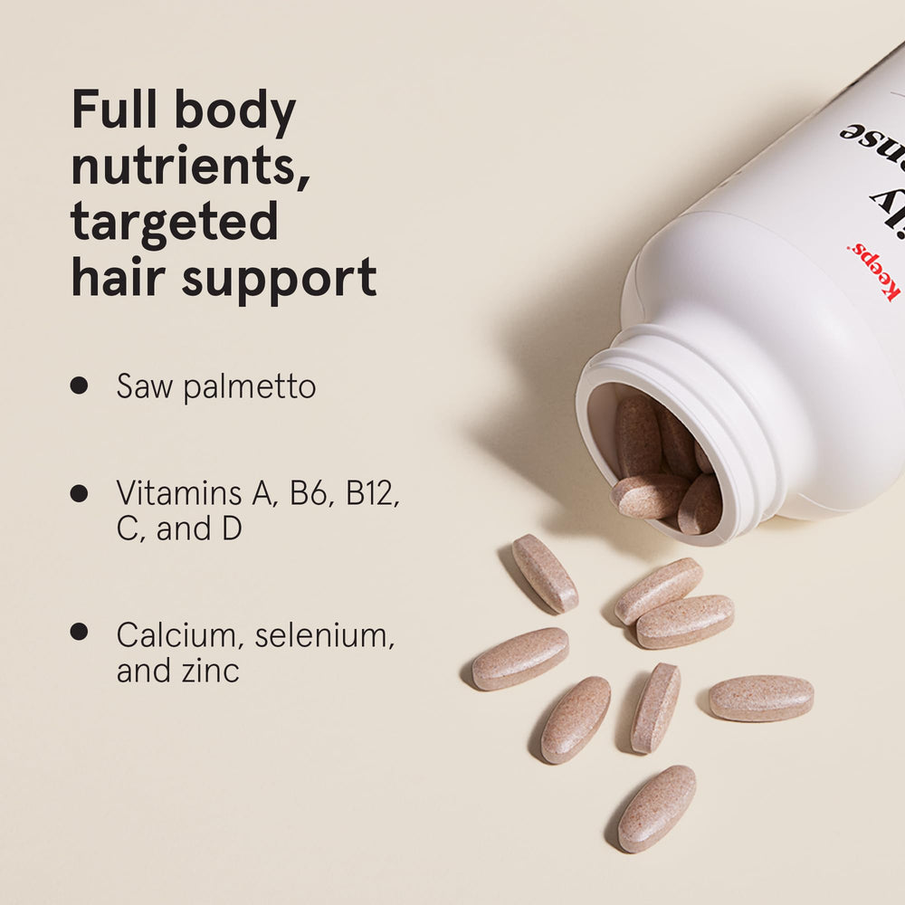 Keeps Daily Hair Supplement pills closeup, signaling daily hair nourishment.