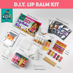 KEFF lip balm tubes and jars laid out for easy mixing and storage