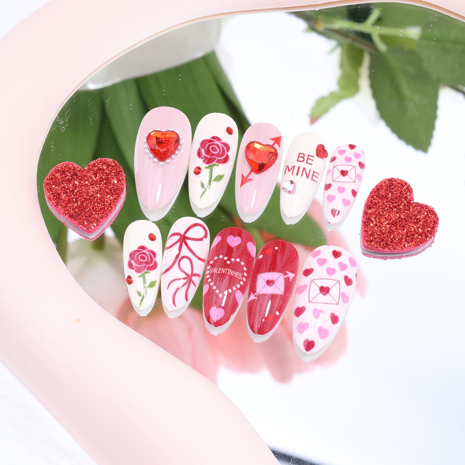 KEHKFSEF valentines nails full-coverage set with file and jelly stickers.