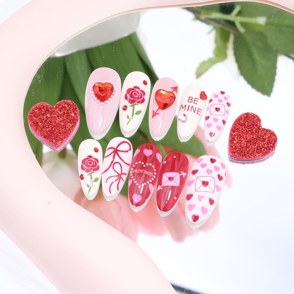 KEHKFSEF valentines nails full-coverage set with file and jelly stickers.