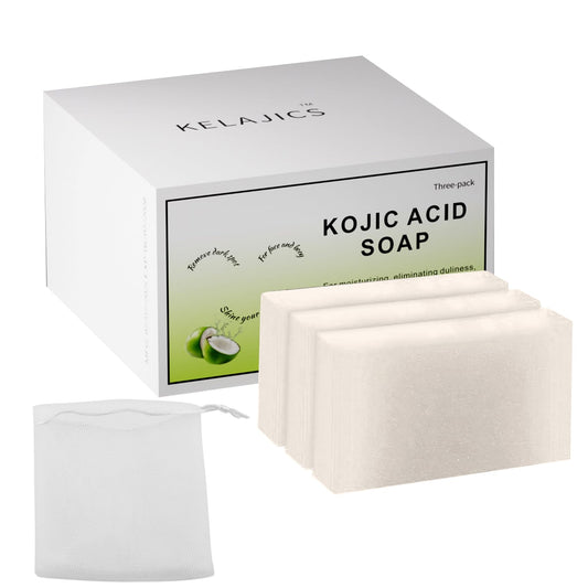 KELAJICS kojic acid soap bar packaging close-up with coconut scent for daily cleansing.