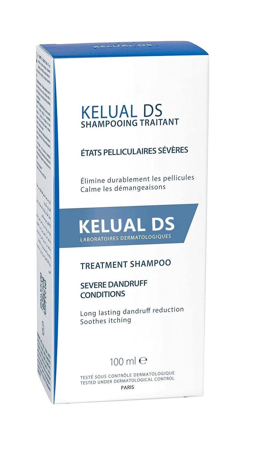 Close-up packaging label on KELUAL DS showing 100 ml size.