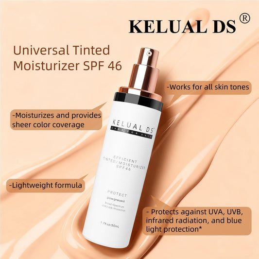 KELUAL DS SPF 46 sunscreen label highlighting broad protection and lightweight wear.