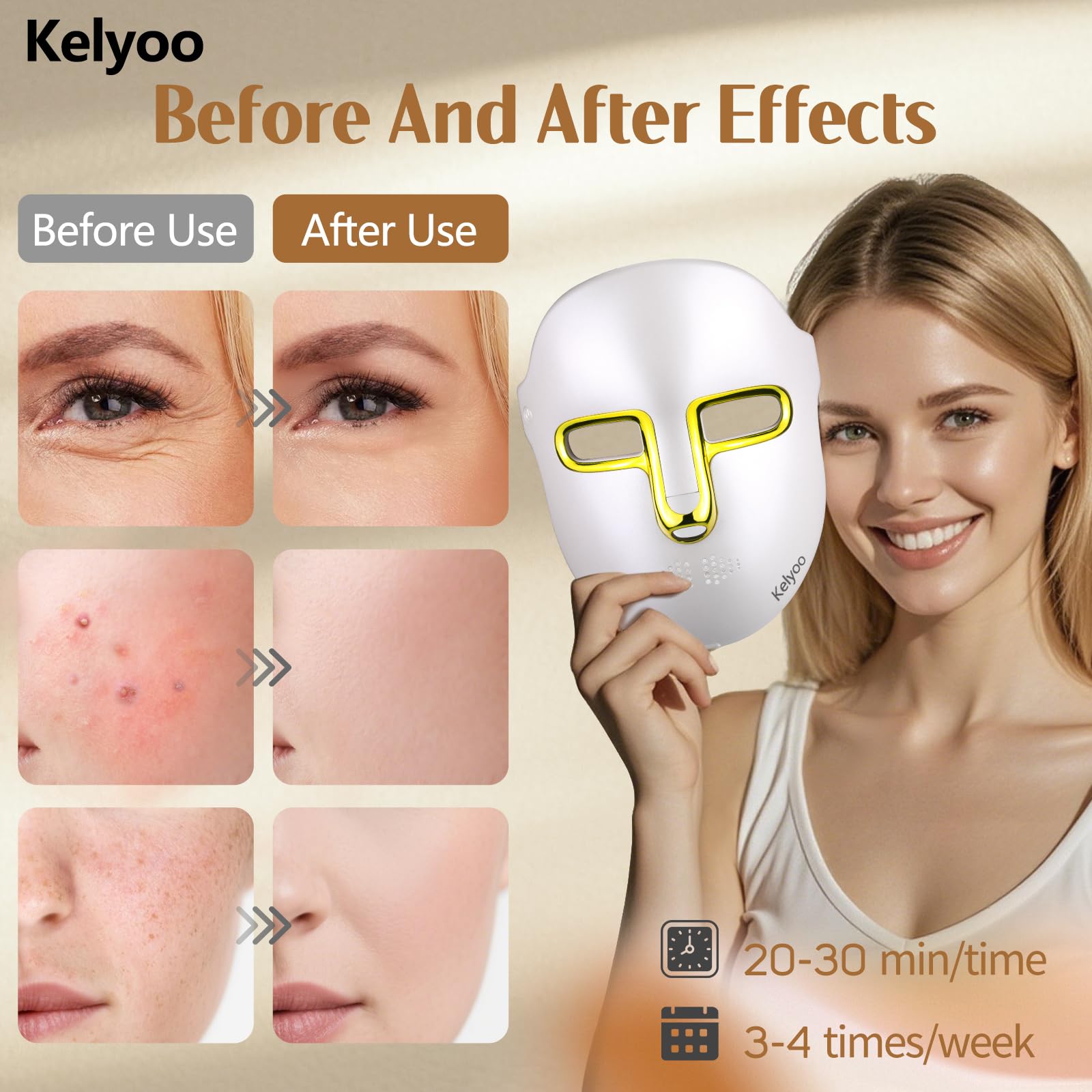 Kelyoo LED therapy mask modes display highlighting four treatment options.