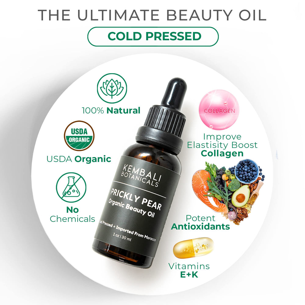 Kembali Botanicals Prickly Pear Seed Oil on a surface, absorbs quickly.