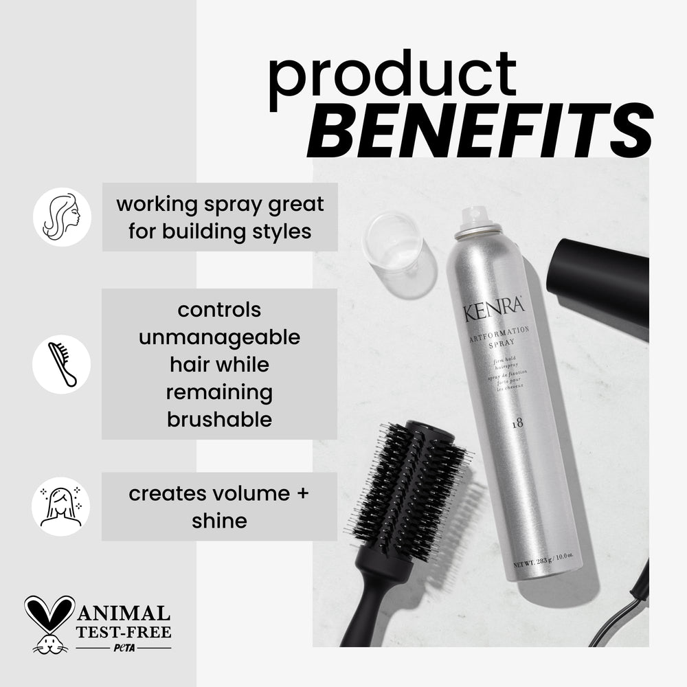 Kenra Artformation Spray 18 bottle application for fast-dry styling and quick resets.