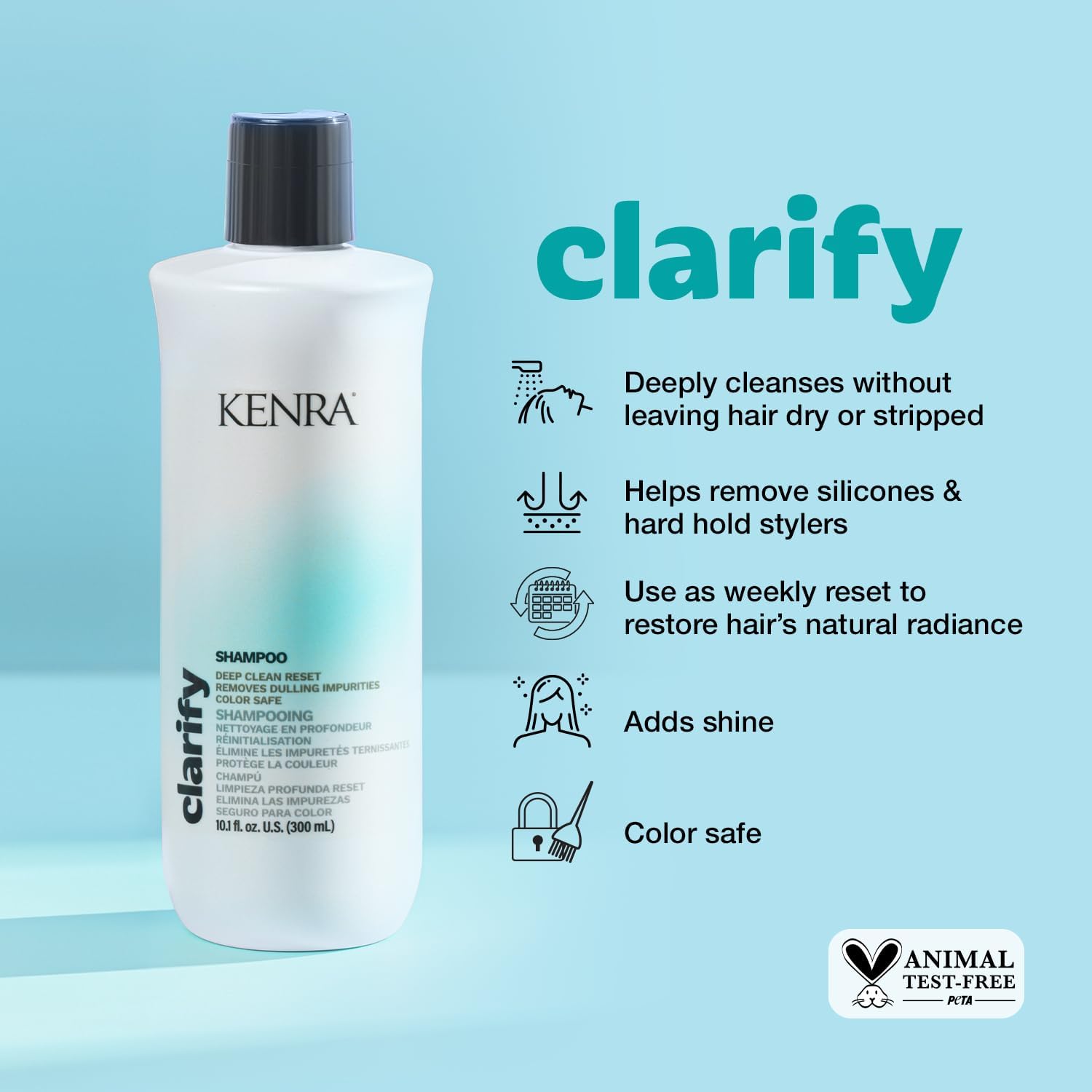 Kenra Clarify Shampoo lather close-up demonstrating a clarifying cleanse for dull deposits.