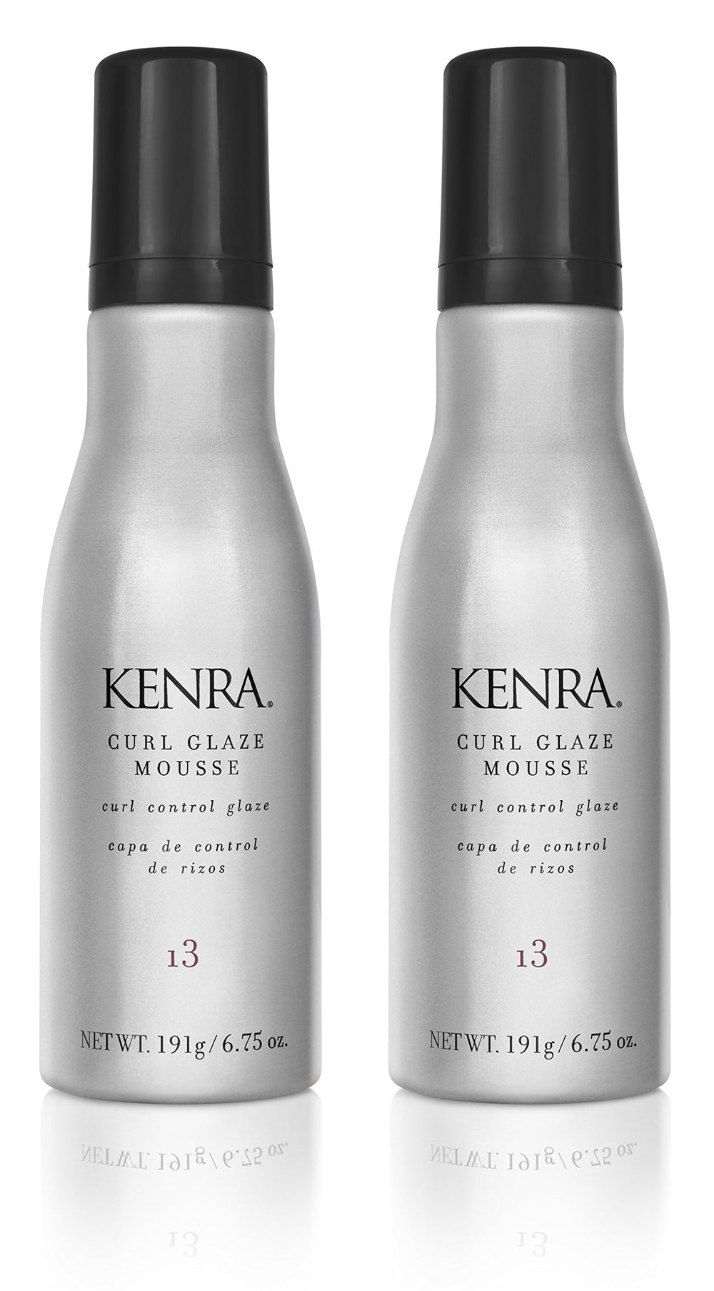 Kenra Curl Glaze Mousse 2-pack bottles show defined, shiny curls with a soft touch.