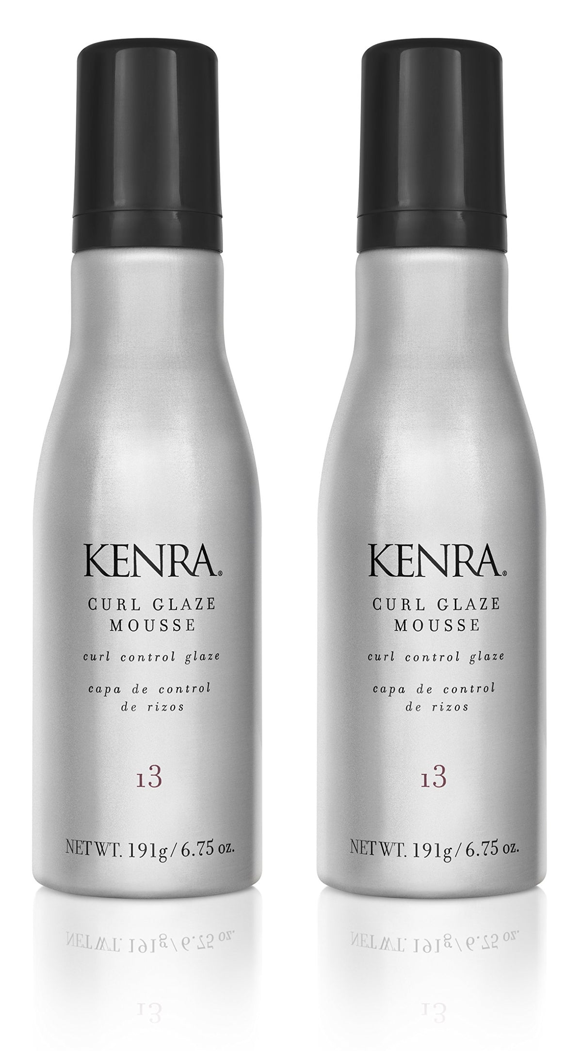 Kenra Curl Glaze Mousse 2-pack bottles show defined, shiny curls with a soft touch.