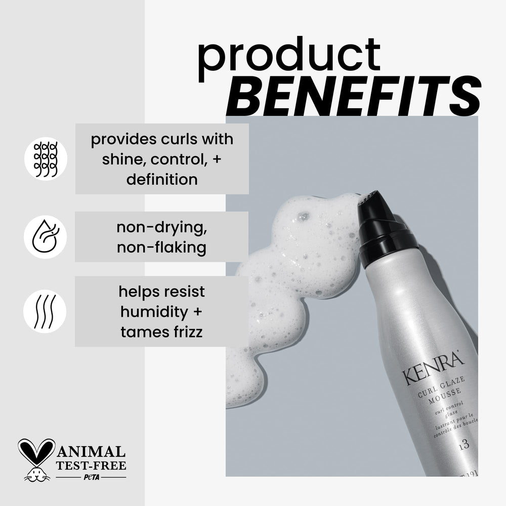 Kenra Curl Glaze Mousse highlights humidity resistance for frizz-free curls.