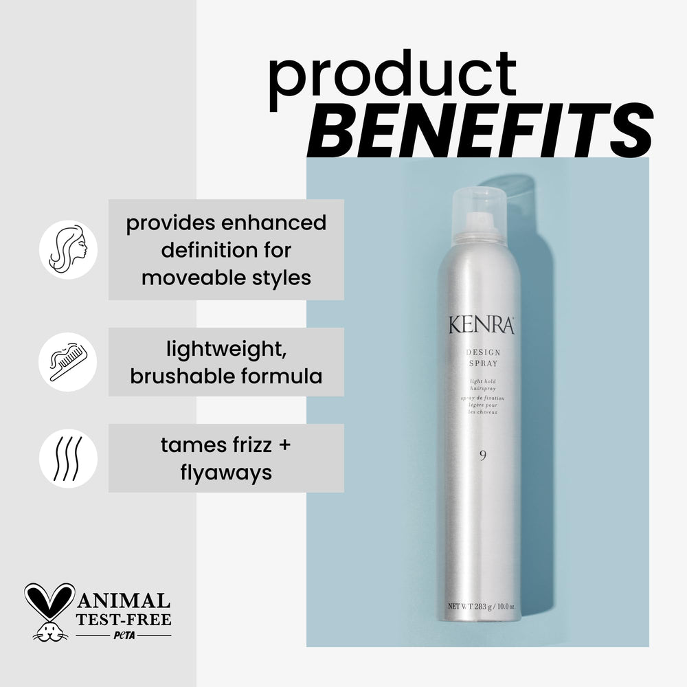 Two-pack Kenra Design Spray 9 display highlighting frizz control.