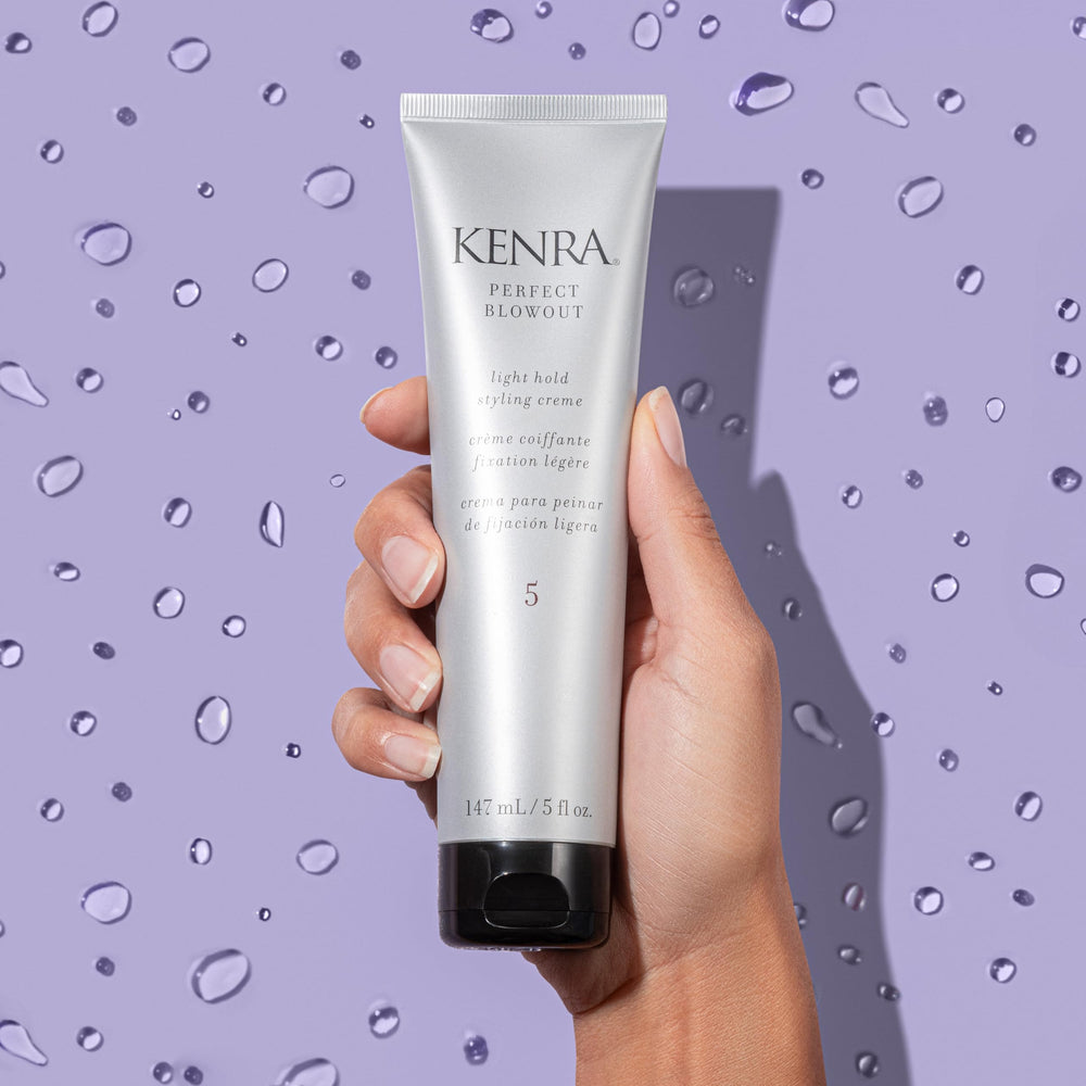 Kenra Perfect Blowout 5 bottle emphasizing frizz control and shine