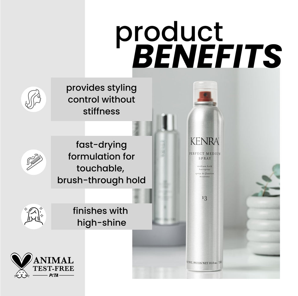 Kenra Perfect Medium Spray 13 bottle cap close-up highlights premium packaging and control.