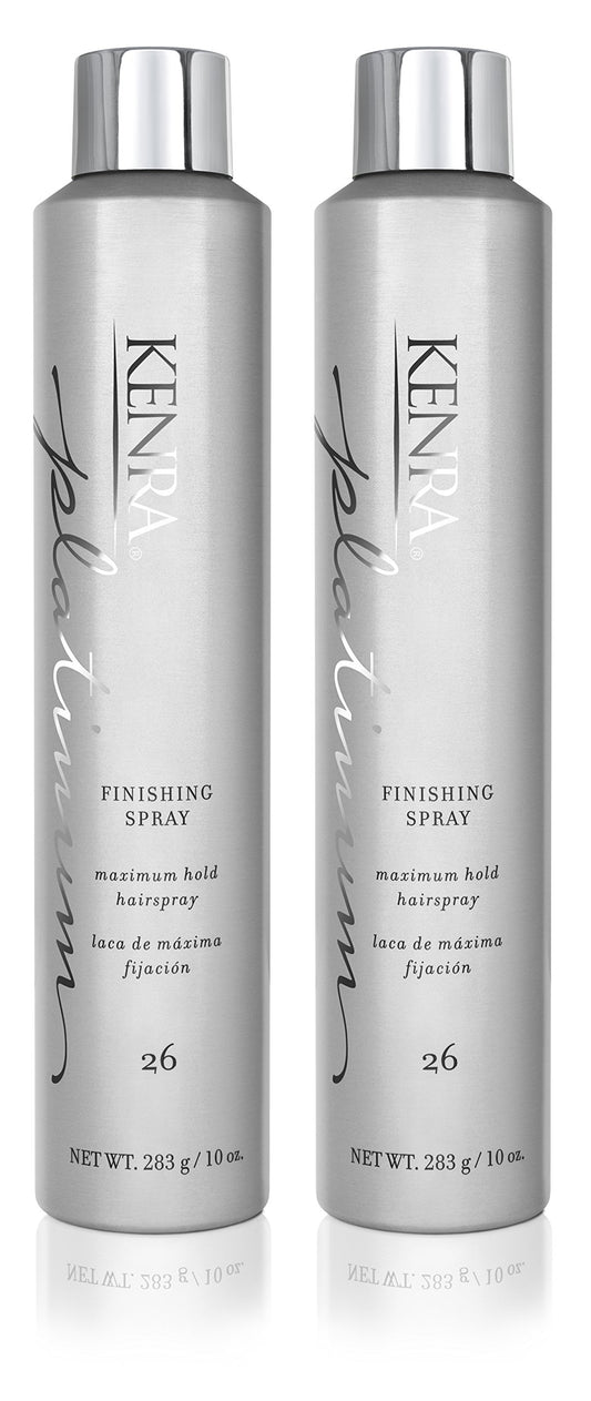 Kenra Platinum Finishing Spray 26 bottle close-up showing a high-shine finish and strong hold.