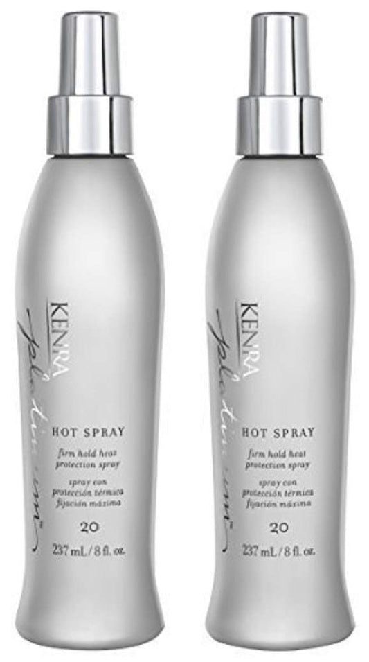 Kenra Platinum Hot Spray bottle demonstrating heat protection and vibrant shine.