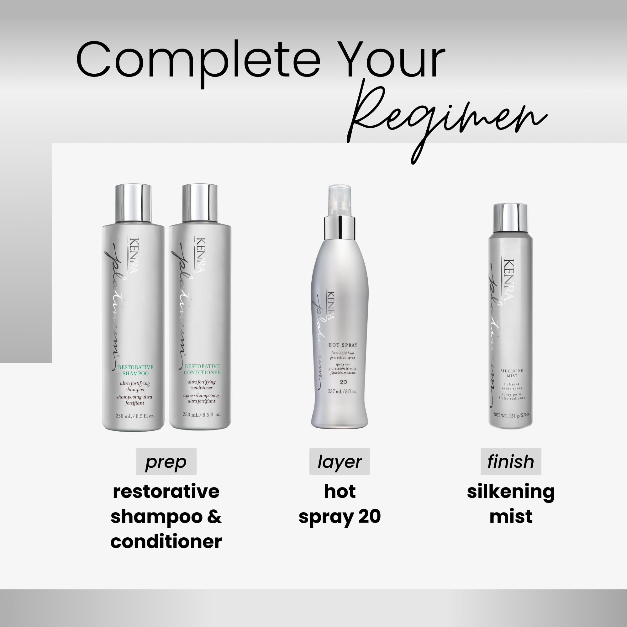 Kenra Platinum Hot Spray in a bathroom scene highlighting humidity protection.
