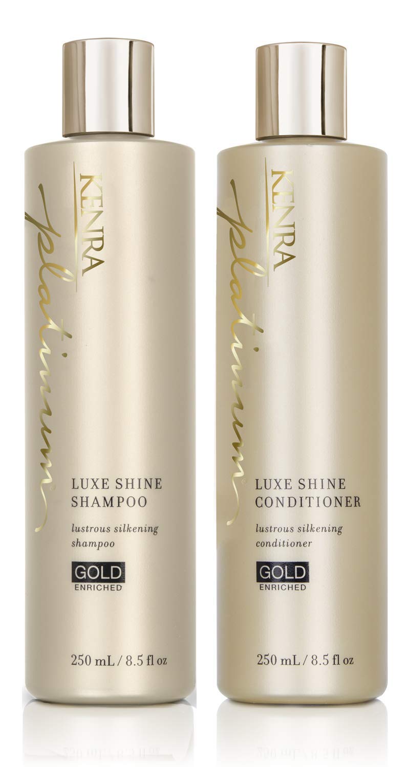 Kenra Platinum Luxe Shine shampoo bottle highlighting glossy, manageable strands