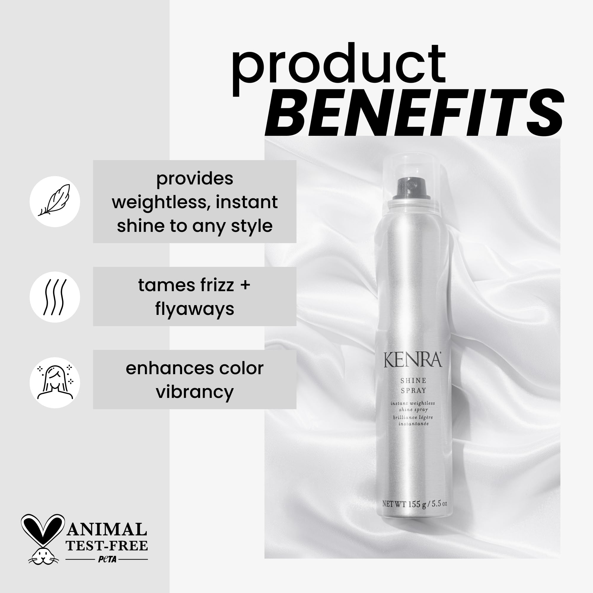 Kenra Shine Spray quick mist illustrates fast radiant finish and color-friendly hold.