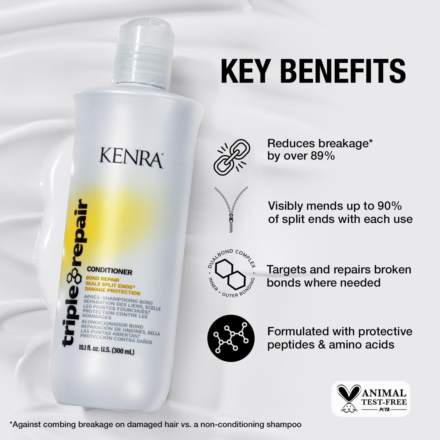 Kenra Triple Repair bottle on bathroom shelf for daily use scenario.