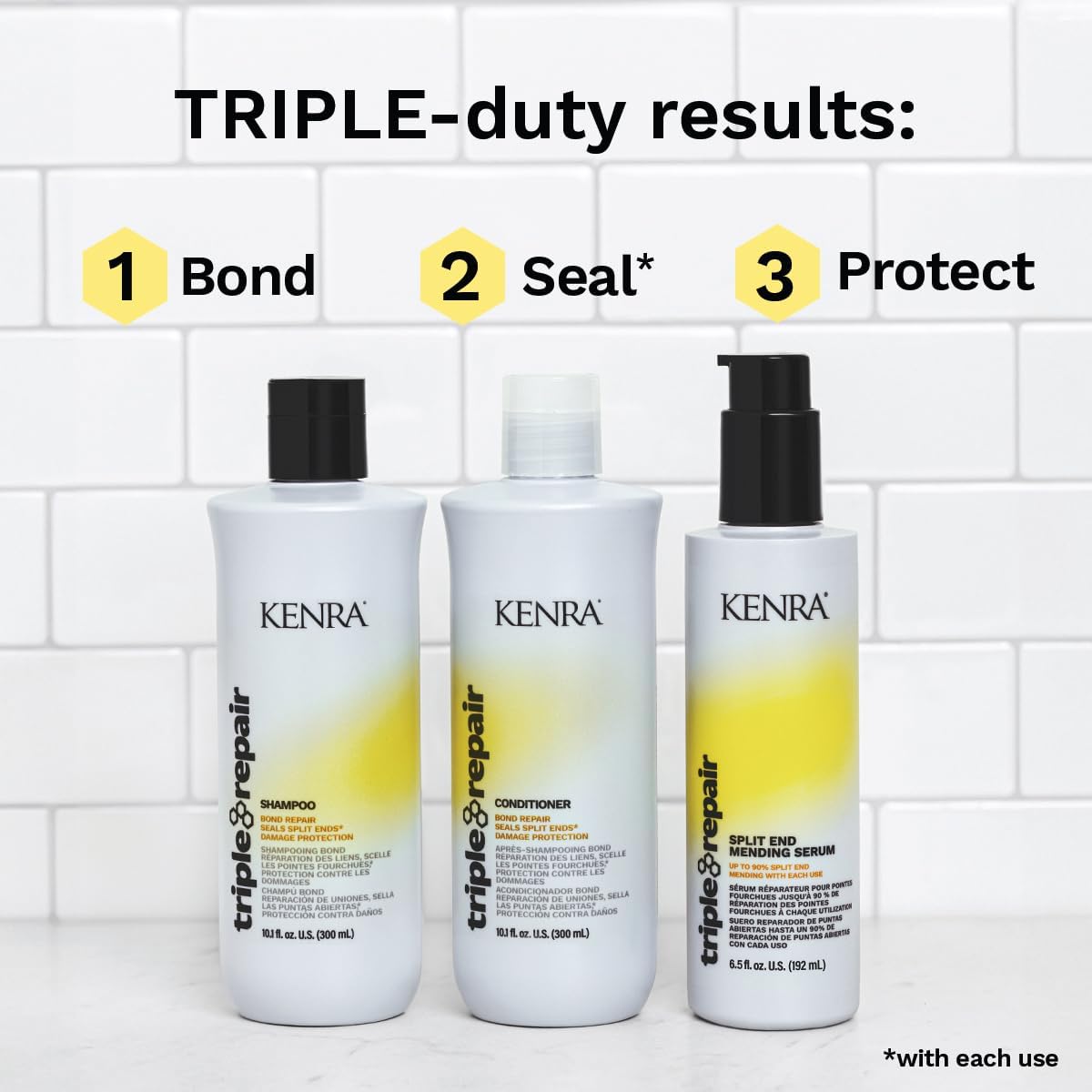 Kenra Triple Repair serum with heat protection context suggesting up to 450 degrees styling safety