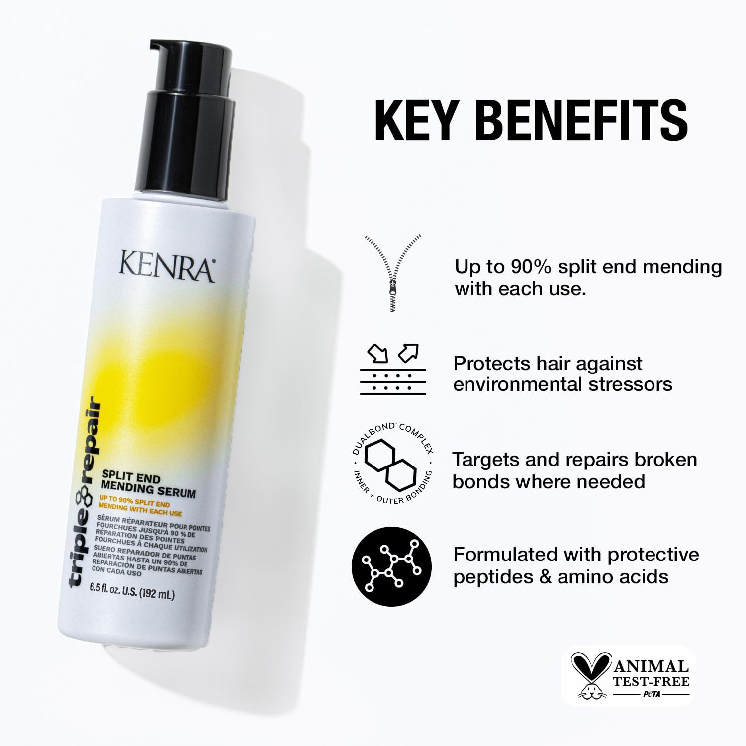 Kenra Triple Repair serum label close-up showing three-step protection against damage
